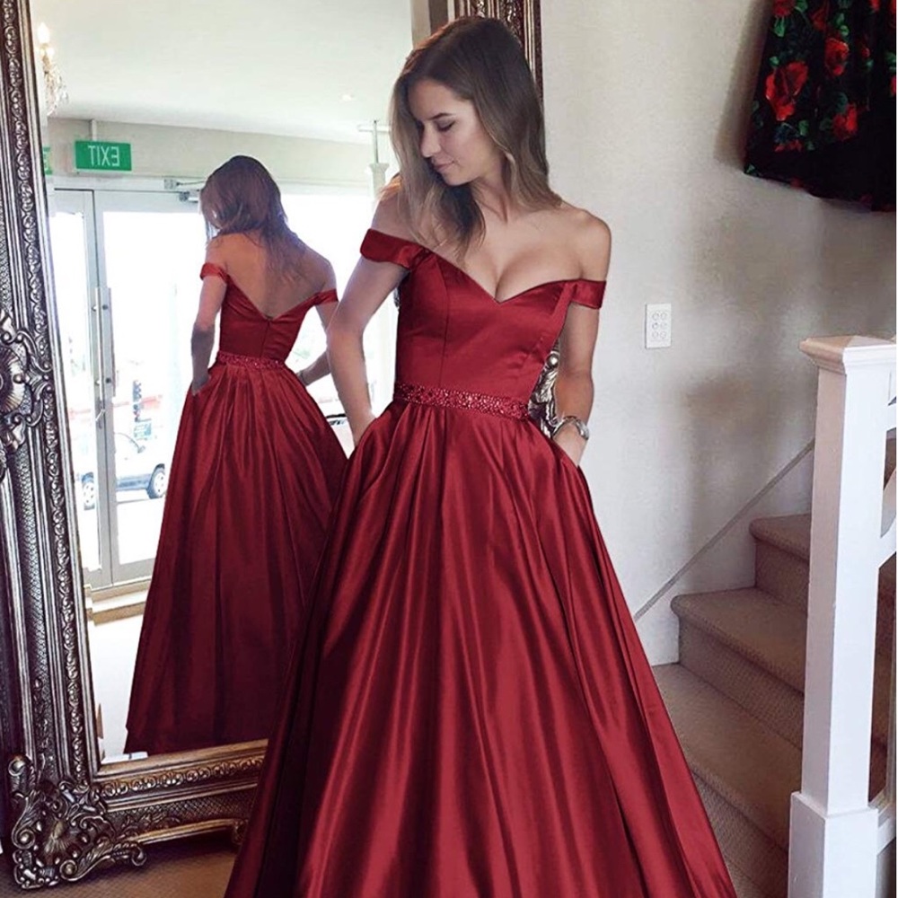 Formal off the shoulder burgundy ball gown dress